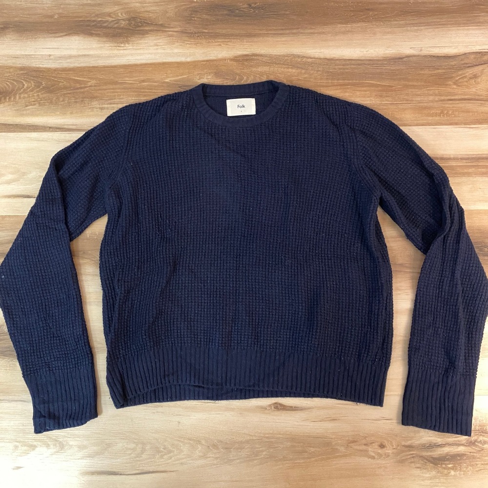Folk Navy Blue Waffle Knit Crewneck Sweater Mens Large Size 4 Oversized Wool
